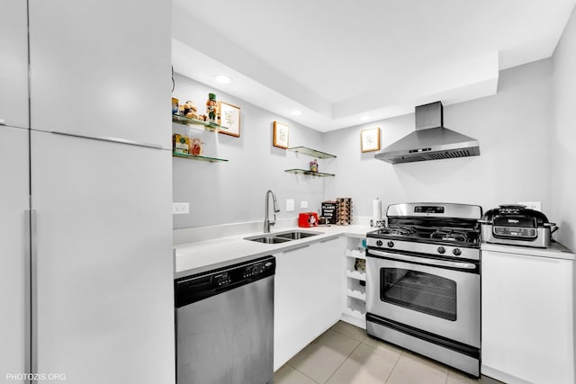 8758 W Berwyn Ave Unit 2N, Chicago, IL 60656 - kitchen with appliances with stainless steel finishes, wall chimney range hood, open shelves, a sink, and light countertops