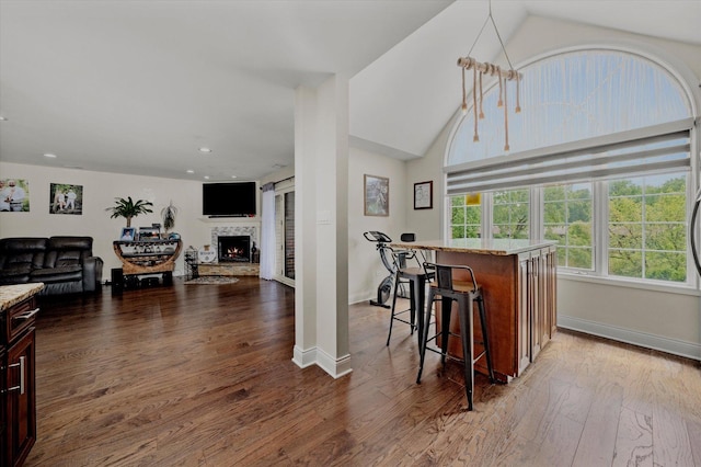 8771 Waterfront Dr Unit 3A, Palos Hills, IL 60465 - indoor dry bar featuring wood finished floors, a warm lit fireplace, lofted ceiling, baseboards, and recessed lighting
