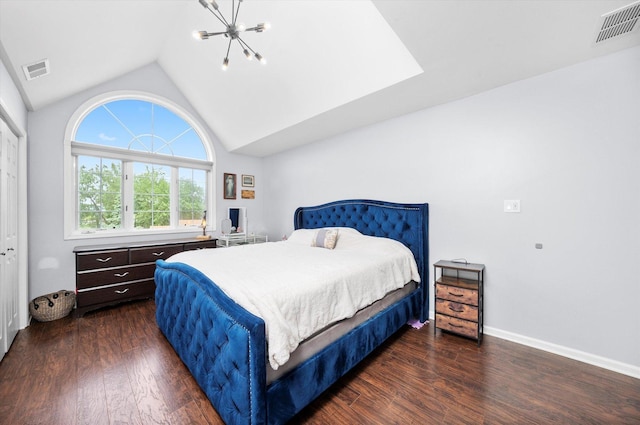 8771 Waterfront Dr Unit 3A, Palos Hills, IL 60465 - bedroom featuring lofted ceiling, dark wood-style floors, a chandelier, and baseboards