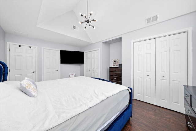 8771 Waterfront Dr Unit 3A, Palos Hills, IL 60465 - bedroom with multiple closets, dark wood-style floors, lofted ceiling, and a chandelier