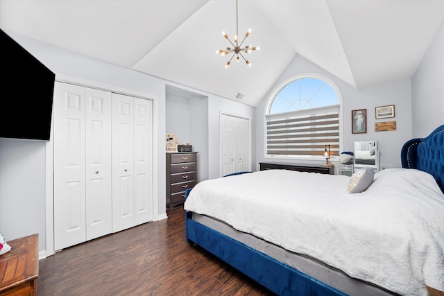 8771 Waterfront Dr Unit 3A, Palos Hills, IL 60465 - bedroom featuring two closets, dark wood-style floors, a chandelier, and lofted ceiling