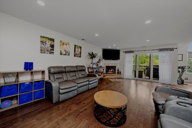 8771 Waterfront Dr Unit 3A, Palos Hills, IL 60465 - living room with wood finished floors, a fireplace, and recessed lighting