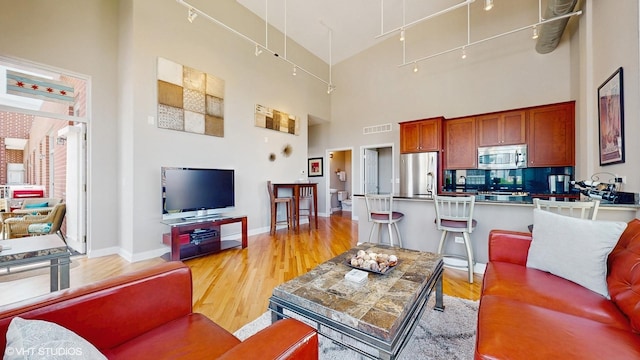 2025 S Indiana Ave Unit 503, Chicago, IL 60616 - living area with a high ceiling, light wood finished floors, track lighting, and baseboards