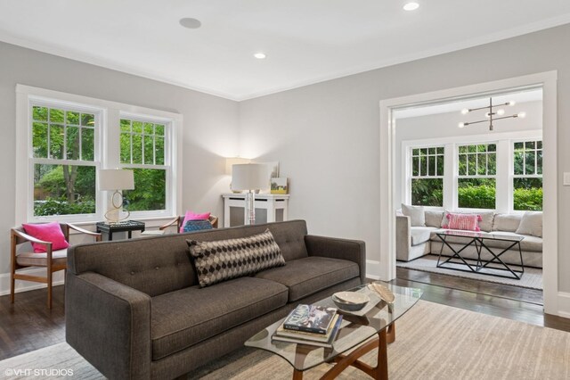 310 Fairview Ave, Winnetka, IL 60093 - living area with baseboards, ornamental molding, wood finished floors, and recessed lighting