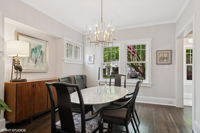 310 Fairview Ave, Winnetka, IL 60093 - dining room featuring a chandelier, dark wood-style floors, crown molding, and baseboards