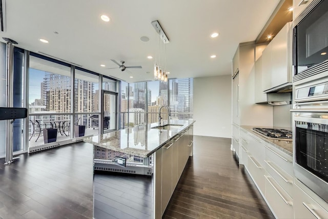 110 W Superior St Unit 1703, Chicago, IL 60654 - kitchen with modern cabinets, a sink, dark wood finished floors, stainless steel appliances, and a city view