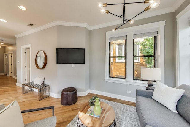 3706 W Wrightwood Ave Unit 3A, Chicago, IL 60647 - living room featuring a chandelier, ornamental molding, baseboards, wood finished floors, and recessed lighting