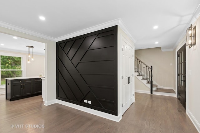 420 N E Gateway Dr, Tower Lakes, IL 60010 - entryway with wood finished floors, stairway, baseboards, crown molding, and recessed lighting