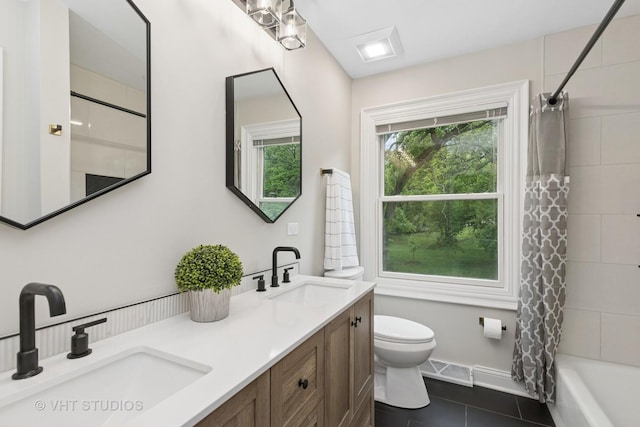 420 N E Gateway Dr, Tower Lakes, IL 60010 - bathroom with toilet, tile patterned flooring, double vanity, and shower / bath combination with curtain