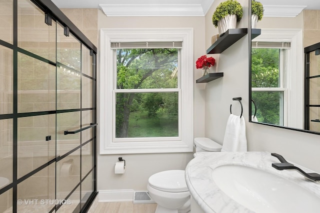 420 N E Gateway Dr, Tower Lakes, IL 60010 - full bathroom featuring a stall shower, toilet, plenty of natural light, and ornamental molding