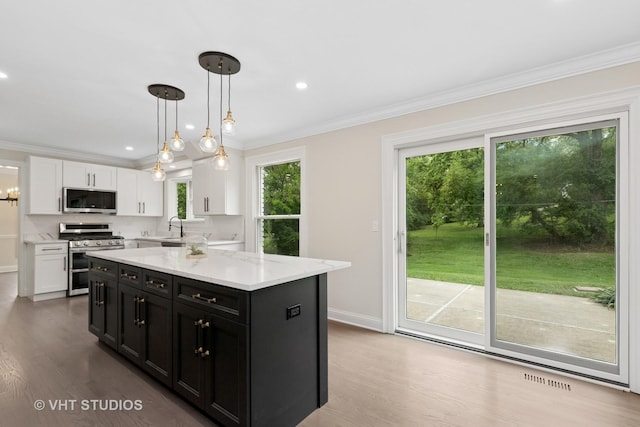 420 N E Gateway Dr, Tower Lakes, IL 60010 - kitchen featuring appliances with stainless steel finishes, dark cabinets, white cabinets, crown molding, and wood finished floors