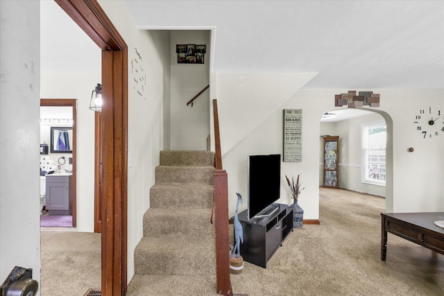 308 W Spruce St, Paxton, IL 60957 - staircase with carpet flooring and arched walkways