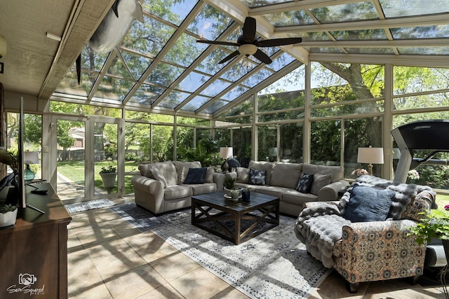 3302 Kingswood Ct, Joliet, IL 60431 - sunroom with an outdoor hangout area, a ceiling fan, and lofted ceiling