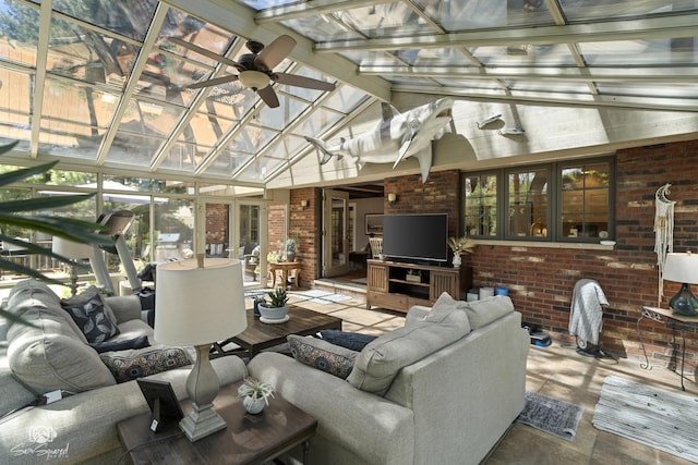 3302 Kingswood Ct, Joliet, IL 60431 - living room featuring brick wall, vaulted ceiling, and a ceiling fan