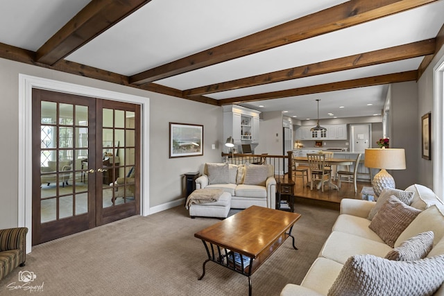 3302 Kingswood Ct, Joliet, IL 60431 - living room with french doors, carpet flooring, beamed ceiling, baseboards, and recessed lighting