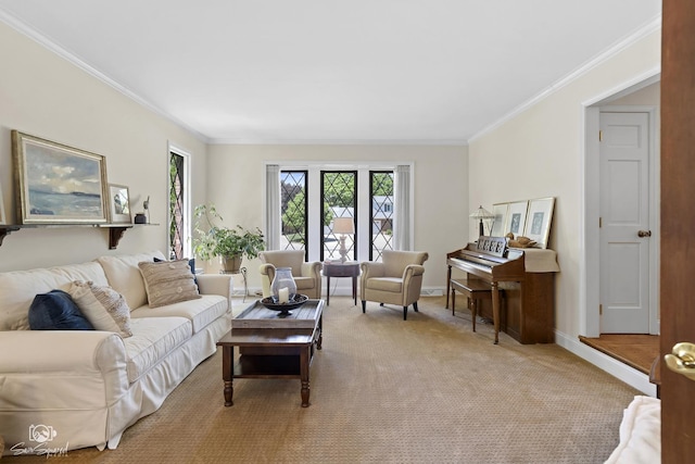 3302 Kingswood Ct, Joliet, IL 60431 - living room featuring crown molding, baseboards, and light colored carpet