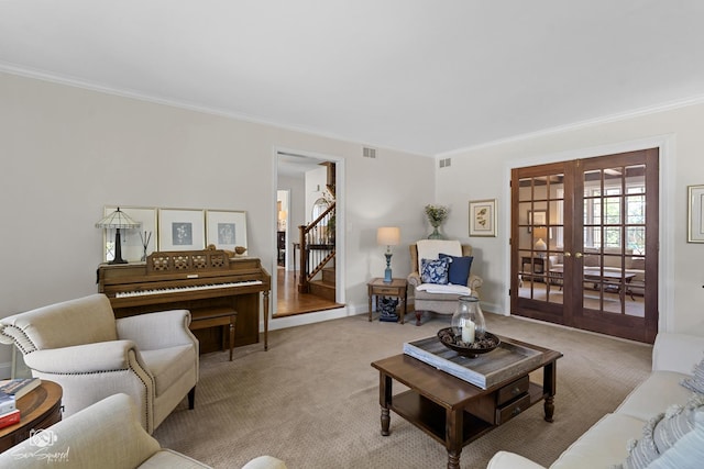 3302 Kingswood Ct, Joliet, IL 60431 - carpeted living room with french doors, crown molding, and stairs