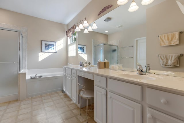 12183 Wildflower Ln, Huntley, IL 60142 - full bathroom featuring a stall shower, double vanity, a bath, and tile patterned floors