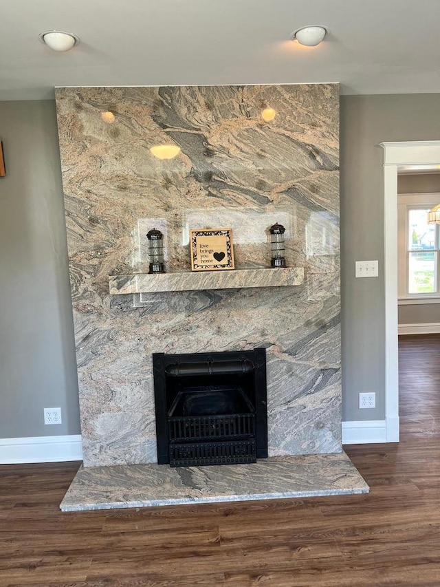 407 N William St, Joliet, IL 60435 - detailed view of baseboards, wood finished floors, and a fireplace