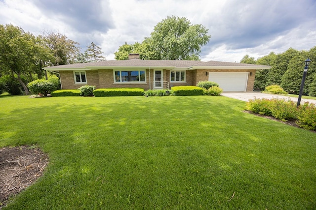 405 Farmington Ave, Joliet, IL 60435 - ranch-style house with a garage, a chimney, concrete driveway, and a front lawn