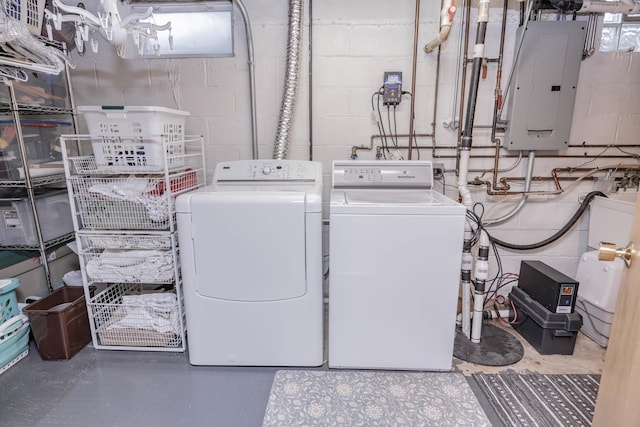 405 Farmington Ave, Joliet, IL 60435 - laundry room featuring washer and clothes dryer, electric panel, and concrete block wall