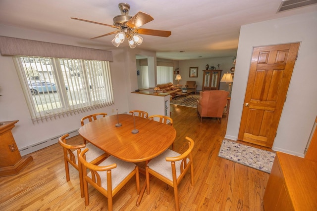 405 Farmington Ave, Joliet, IL 60435 - dining space featuring a baseboard radiator, a ceiling fan, light wood finished floors, and baseboards