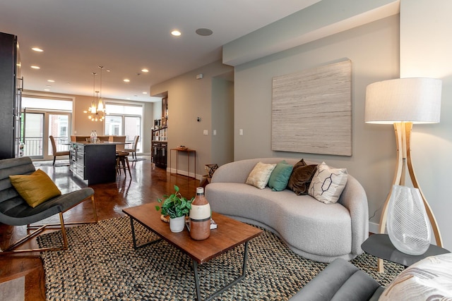 2823 N Oakley Ave Unit K, Chicago, IL 60618 - living area with recessed lighting, dark wood-style flooring, a chandelier, and baseboards