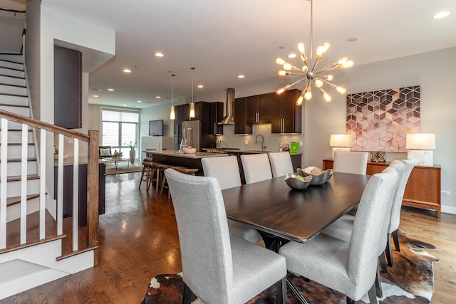 2823 N Oakley Ave Unit K, Chicago, IL 60618 - dining room featuring stairway, dark wood-style floors, recessed lighting, a chandelier, and baseboards