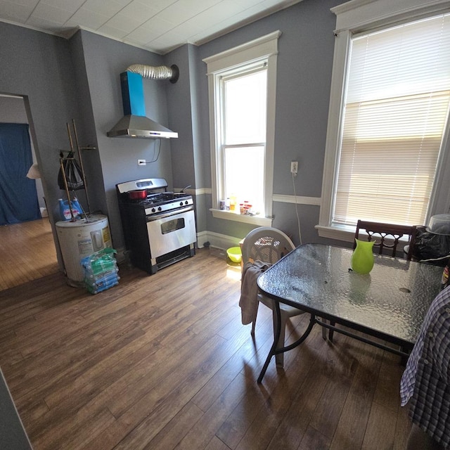 2322 S Trumbull Ave, Chicago, IL 60623 - kitchen featuring stainless steel gas range oven, wall chimney exhaust hood, plenty of natural light, and wood finished floors