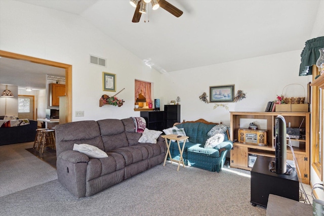 5057 Kasch Rd, Pecatonica, IL 61063 - living area featuring carpet floors, lofted ceiling, and ceiling fan