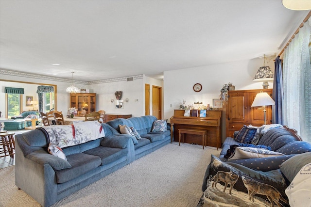 5057 Kasch Rd, Pecatonica, IL 61063 - living room with light carpet and a chandelier
