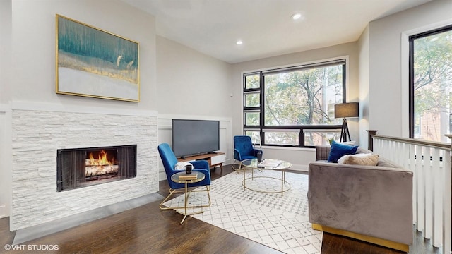 2330 W Armitage Ave Unit B, Chicago, IL 60647 - living room with wood finished floors, healthy amount of natural light, a fireplace, recessed lighting, and baseboards