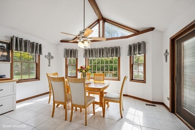 1302 Moraine Dr, Woodstock, IL 60098 - dining space featuring ceiling fan, light tile patterned floors, and baseboards