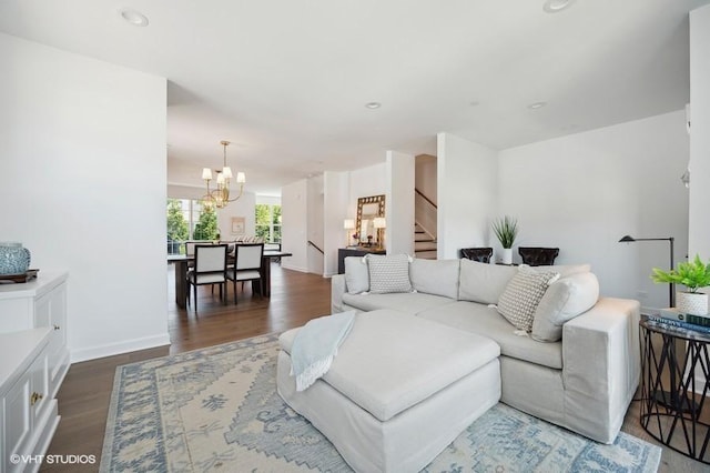 1215 Parker Dr, Glenview, IL 60025 - living room with a chandelier, stairway, wood finished floors, baseboards, and recessed lighting