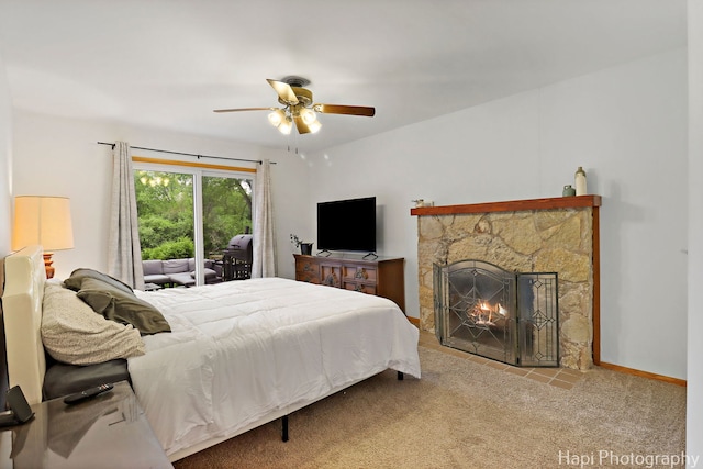 24991 W Forest Dr, Lake Villa, IL 60046 - carpeted bedroom featuring access to outside, a fireplace, and a ceiling fan