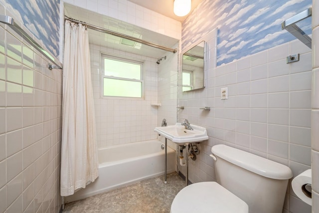 4N051 Wood Dale Rd, Addison, IL 60101 - full bathroom with tile walls and shower / bath combo with shower curtain