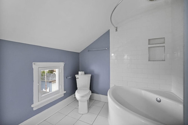 8 Manor Ct, Joliet, IL 60436 - full bath featuring lofted ceiling, toilet, baseboards, tile patterned floors, and shower / bathtub combination