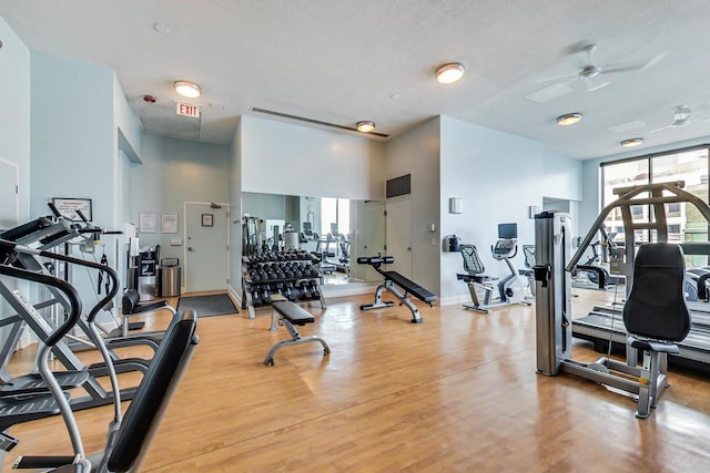 1040 N Lake Shore Dr Unit 7B, Chicago, IL 60611 - exercise room with light wood-style floors, a ceiling fan, and baseboards