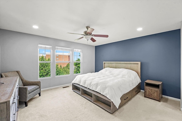 525 Plaza Pl, Aurora, IL 60504 - bedroom with baseboards, light carpet, a ceiling fan, and recessed lighting