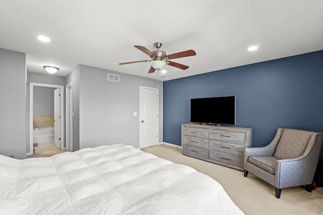 525 Plaza Pl, Aurora, IL 60504 - bedroom with recessed lighting, light carpet, a ceiling fan, and ensuite bath