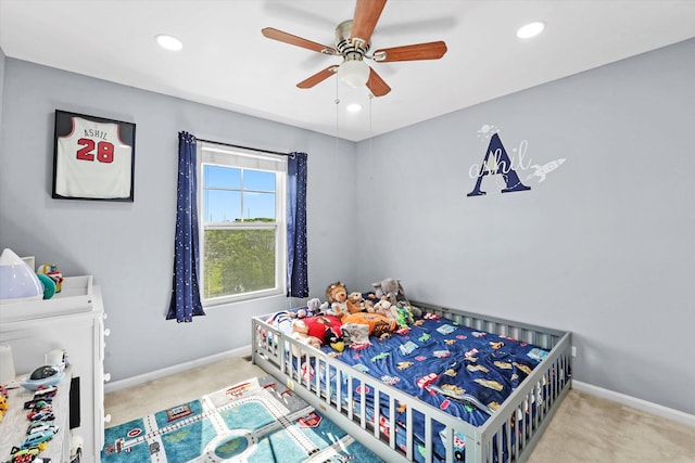 525 Plaza Pl, Aurora, IL 60504 - carpeted bedroom featuring baseboards, recessed lighting, and a ceiling fan