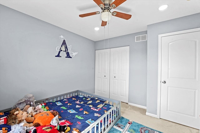 525 Plaza Pl, Aurora, IL 60504 - carpeted bedroom featuring a closet, baseboards, a ceiling fan, and recessed lighting