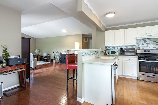 2276 Vanderbilt Dr Unit 2276, Geneva, IL 60134 - kitchen featuring stainless steel appliances, under cabinet range hood, a sink, a breakfast bar area, and white cabinets