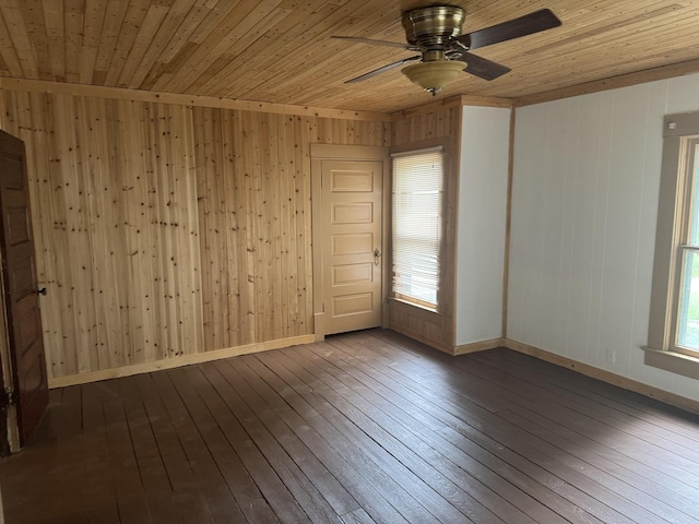 509 N Quincy St, Clinton, IL 61727 - spare room featuring wooden ceiling, ceiling fan, hardwood / wood-style flooring, baseboards, and wooden walls