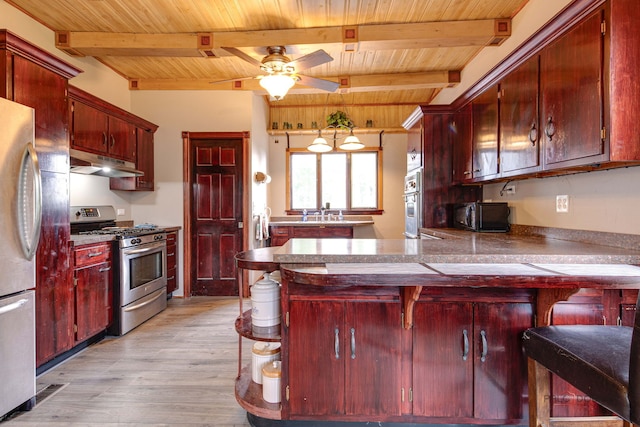 71 S Chestnut St, Aurora, IL 60506 - kitchen with appliances with stainless steel finishes, under cabinet range hood, reddish brown cabinets, wooden ceiling with exposed beams, and a peninsula