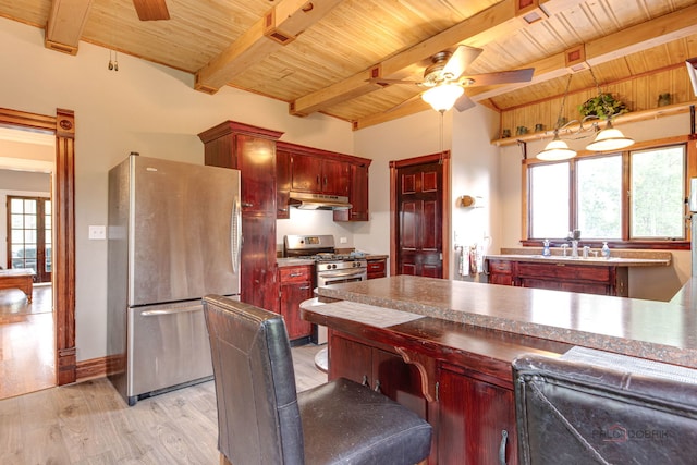 71 S Chestnut St, Aurora, IL 60506 - kitchen with appliances with stainless steel finishes, under cabinet range hood, wooden ceiling, reddish brown cabinets, and a ceiling fan