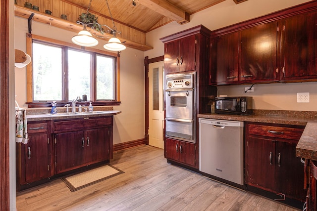 71 S Chestnut St, Aurora, IL 60506 - kitchen featuring appliances with stainless steel finishes, a sink, a warming drawer, wooden ceiling, and light wood-style floors