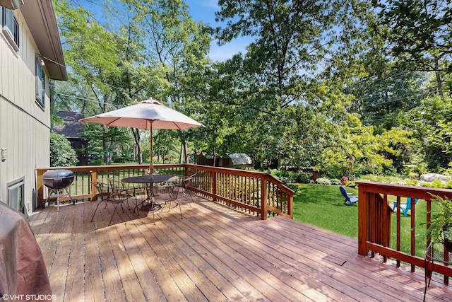 26W029 Hazel Ln, Wheaton, IL 60187 - wooden deck featuring outdoor dining space, a yard, area for grilling, and view of wooded area