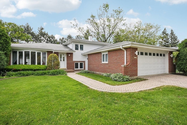 7913 Grant St, Darien, IL 60561 - tri-level home featuring brick siding, a garage, driveway, a front yard, and a chimney