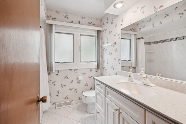 7913 Grant St, Darien, IL 60561 - bathroom featuring wallpapered walls, toilet, vanity, tile patterned floors, and a shower with shower curtain